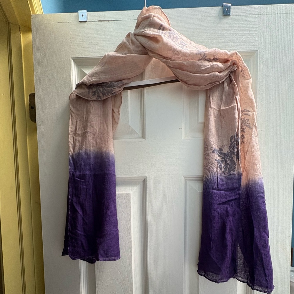 Light Pink and Ombré Purple Sea Life Decorated Scarf. 68” x 19”. GUC